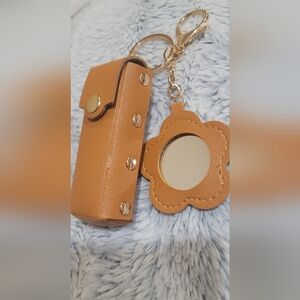 Tan Faux Leather Key & Card Holder with Flower Mirror Charm